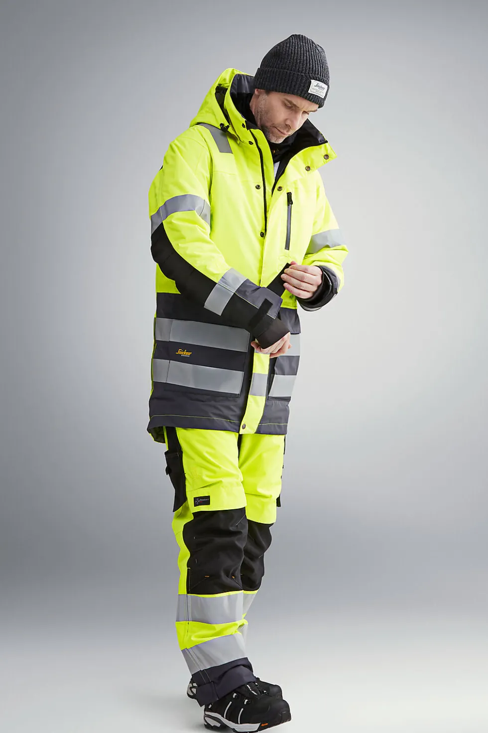 Arbeidsparkas high-vis gul/mørk grå str XS