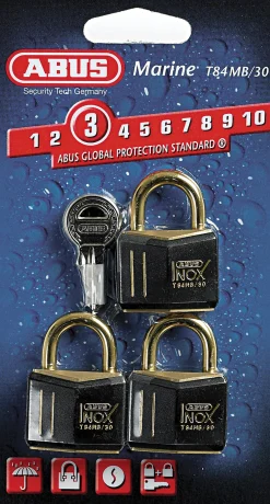 Hengelås t84mb/30c 3pakn. abus messinglås m/sort plast