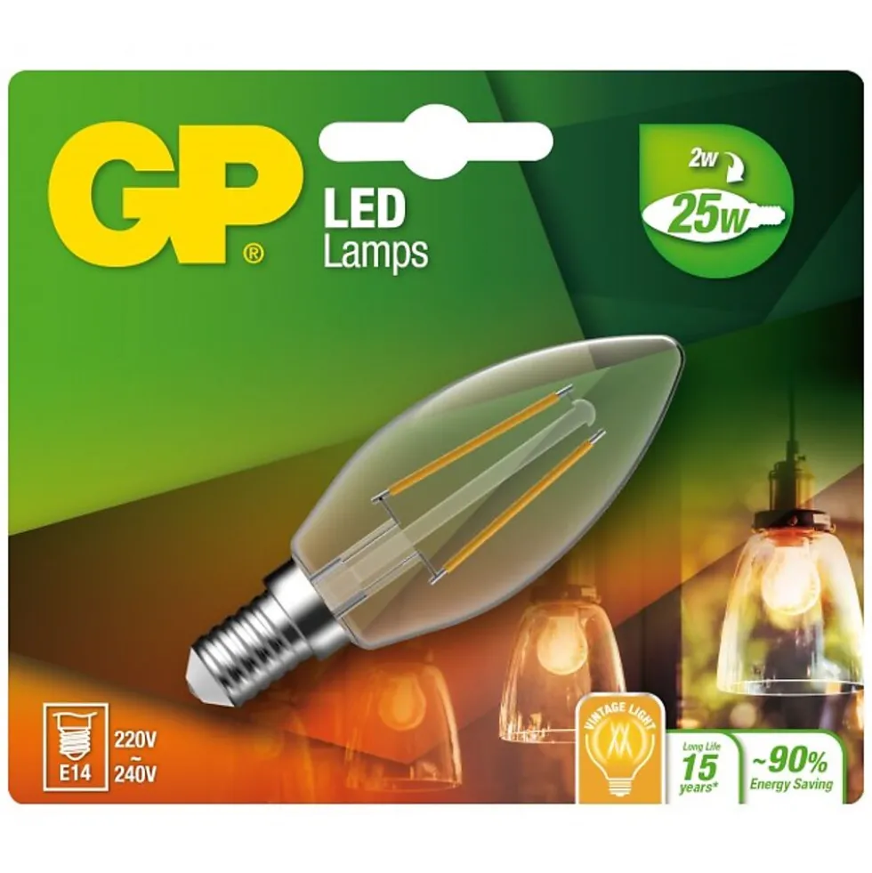 Lyspære led filament kronepære mini candle E14 2 Watt