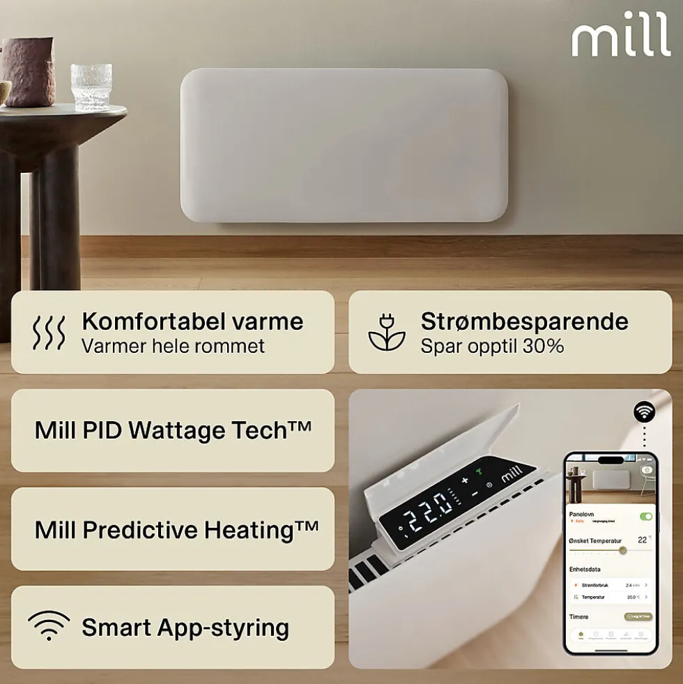 Mill panelovn WiFi Gen 4 1500W hvit
