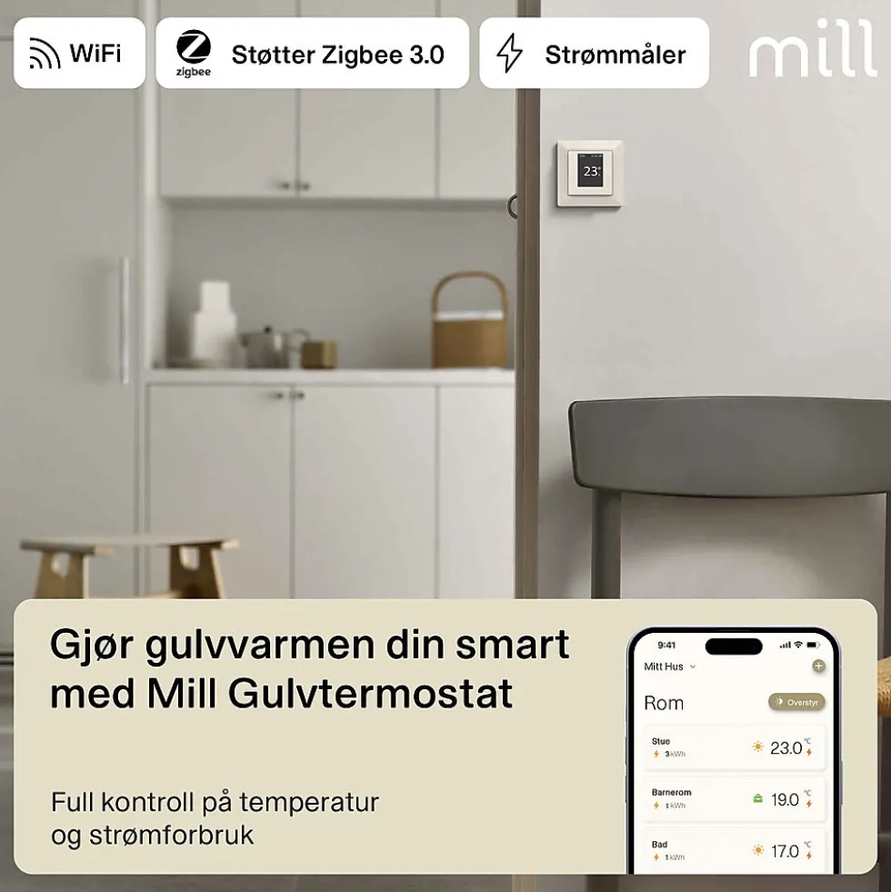 Mill termostat gulv WiFi polarhvit