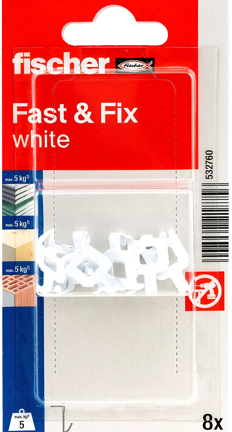 Opphengskrok Fast & Fix hvit blisterkort a 8 stk