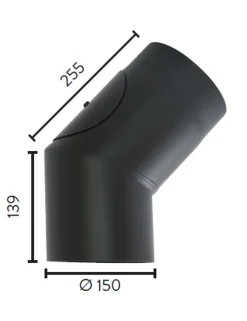 Røykrør ø150 45 gr kne m/luke 2,3mm matt sort emalje