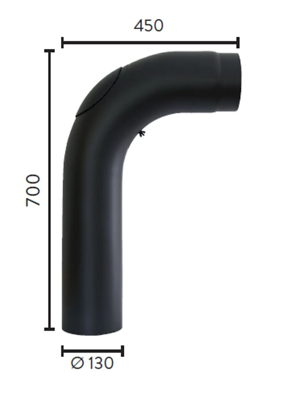 Røykrør ø130 90gr m/luke 700x450 bp sort metallic lakk 2mm