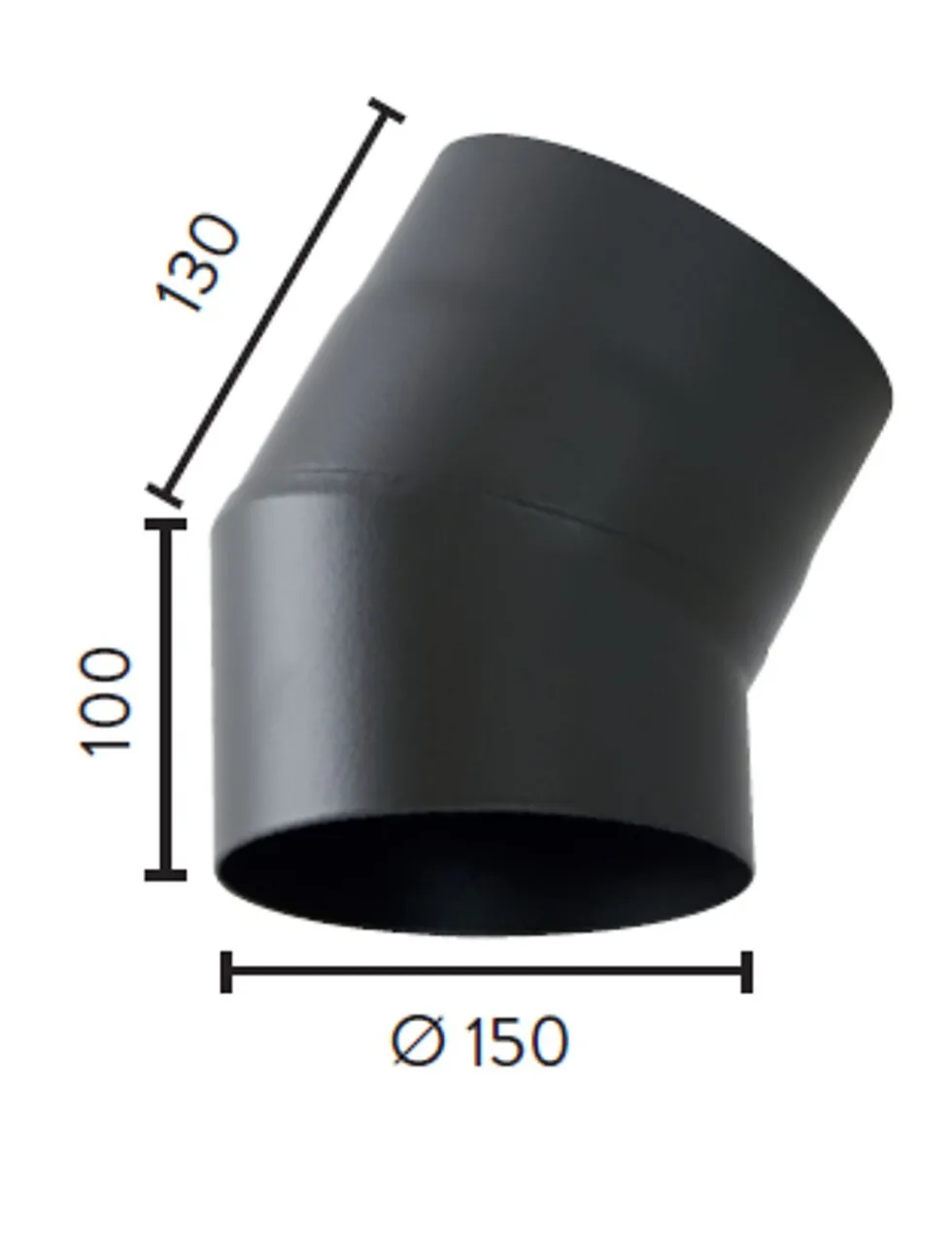 Røykrør ø150 30gr uten luke sort bp sort metallic lakk 2mm