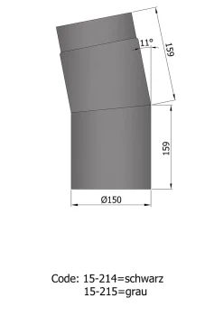 Røykrør vinkel ø150mm 11° kort sort