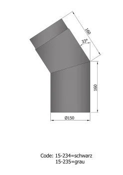 Røykrør vinkel ø150mm 33° kort sort