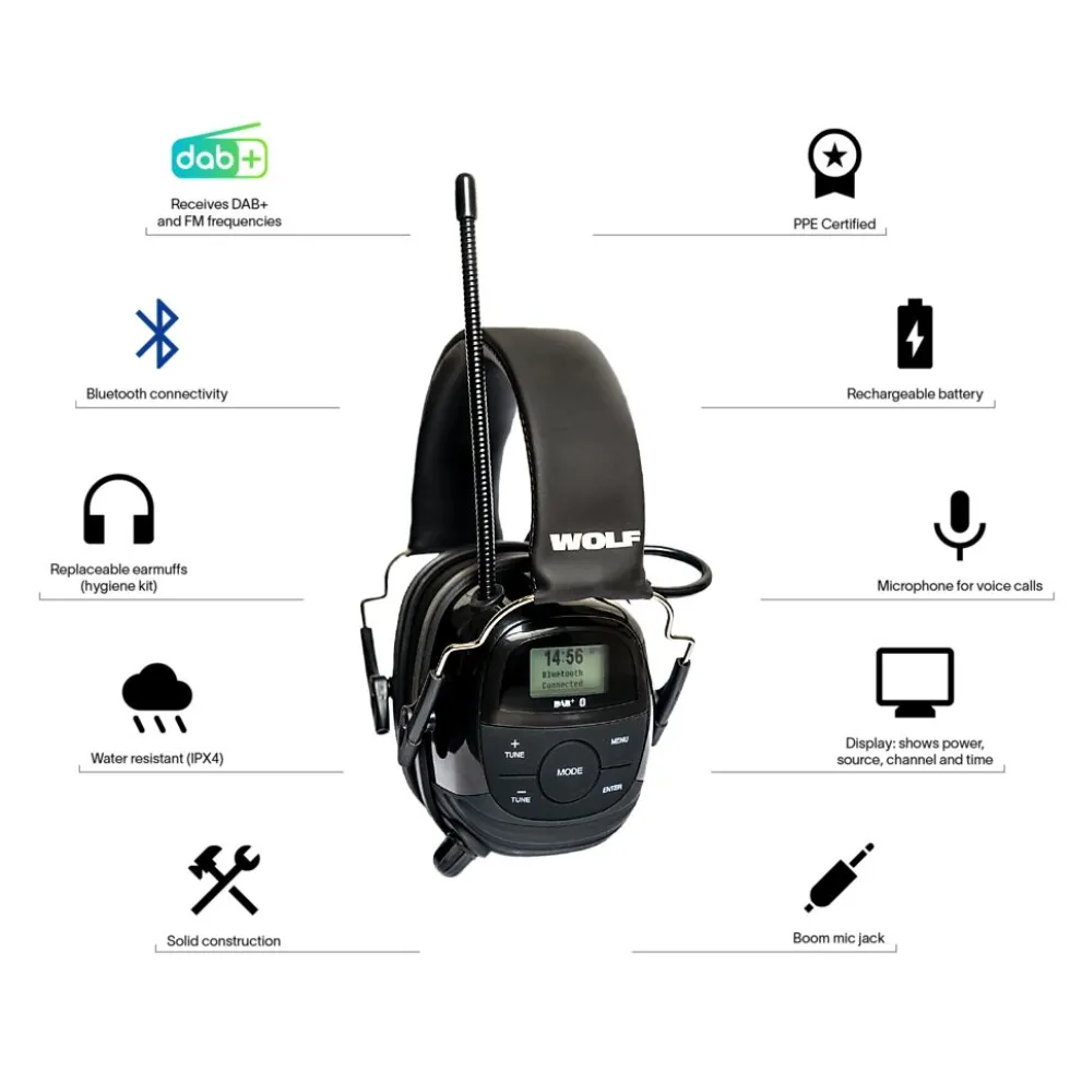 WOLF Headset Pro hørselsvern med Bluetooth, mikrofon og DAB+/FM